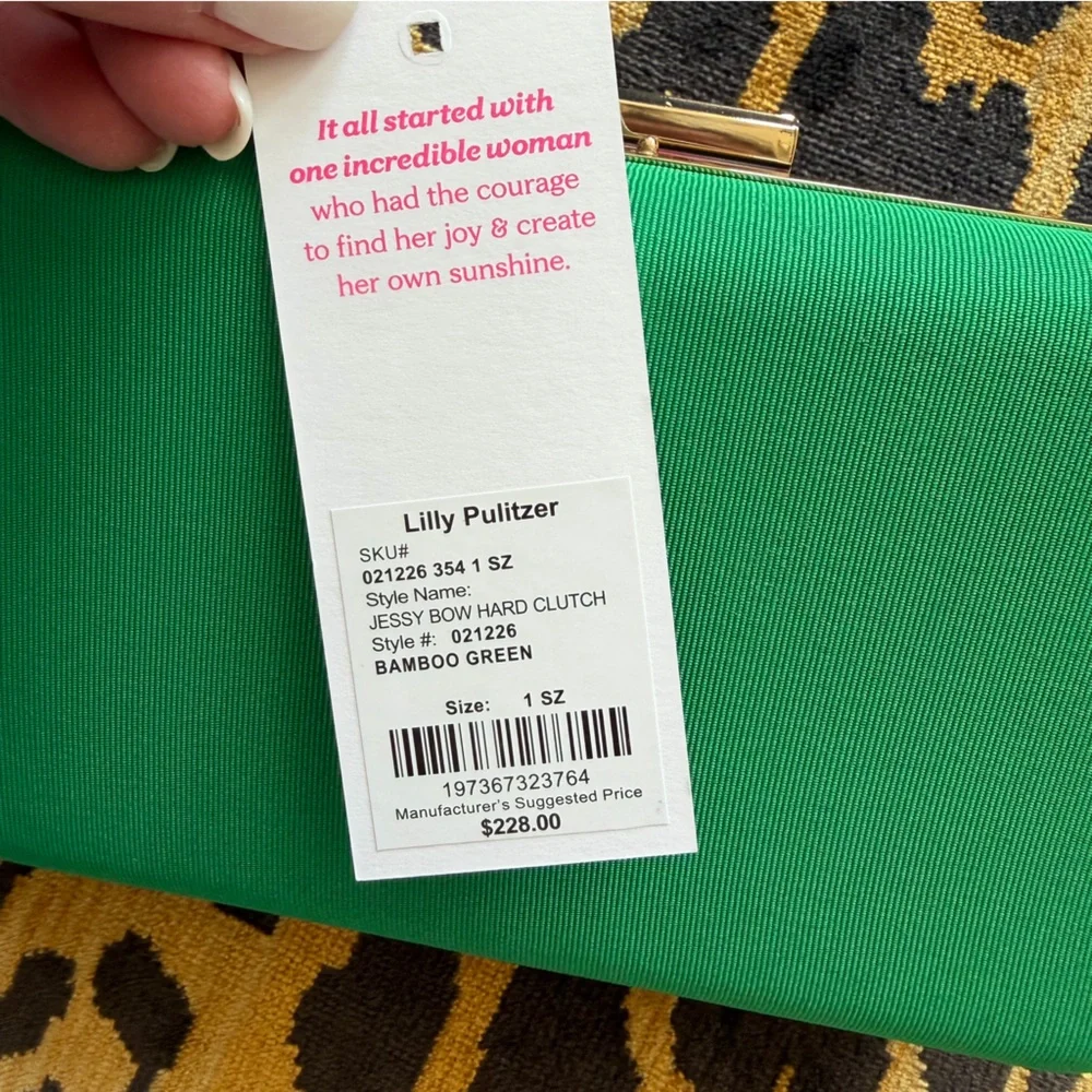 NWT Lilly Pulitzer Jessy Bow Hard Clutch Bamboo Green Gold Chain Crossbody Bag